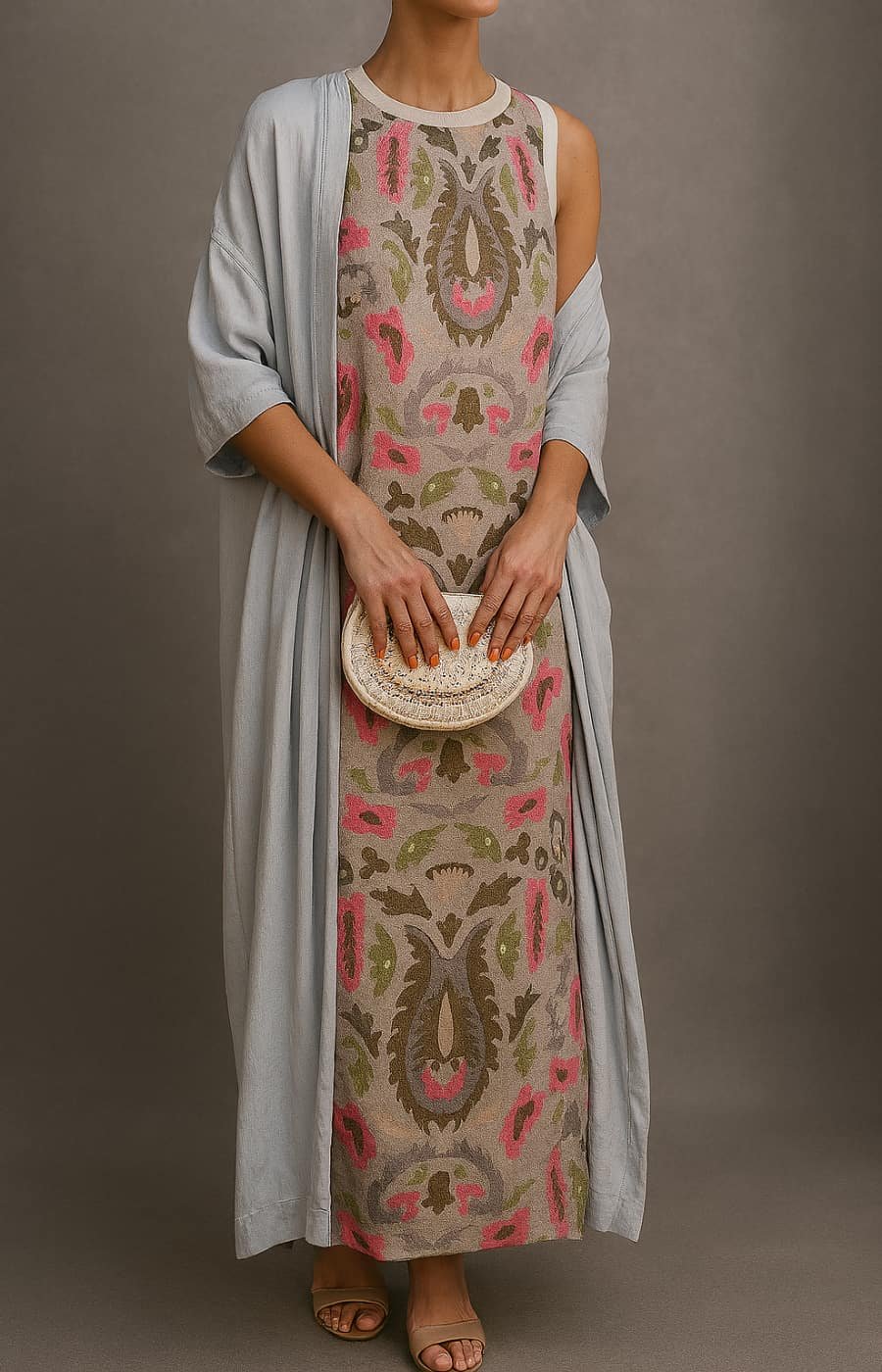 Vestido Maxi Sin Mangas con Estampado Floral y Bufanda Coordinada