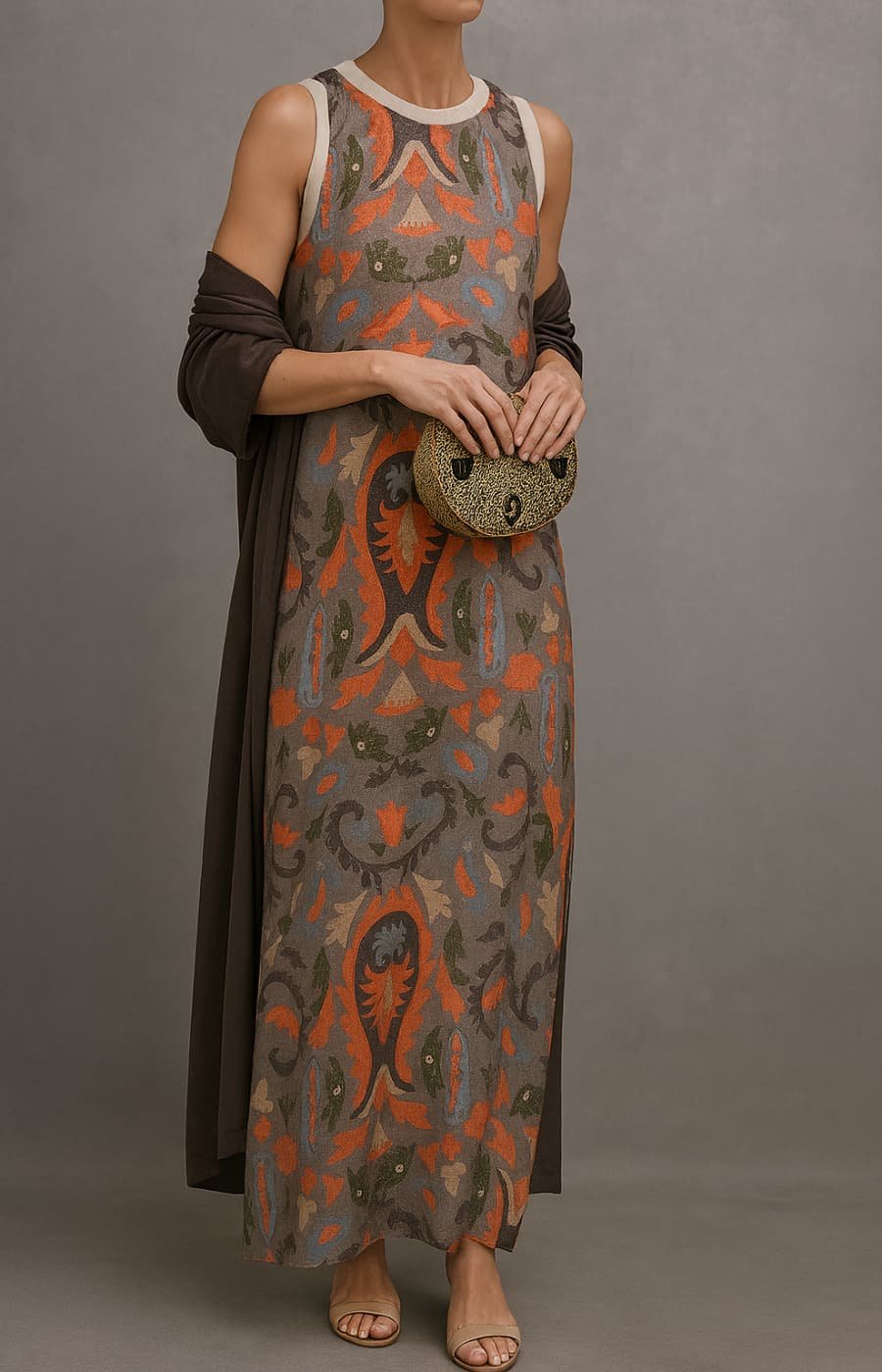 Vestido Maxi Sin Mangas con Estampado Floral y Bufanda Coordinada