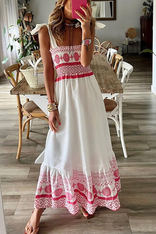 Vestido Largo Bohemio con Escote Cuadrado y Tirantes Anudables para Mujer