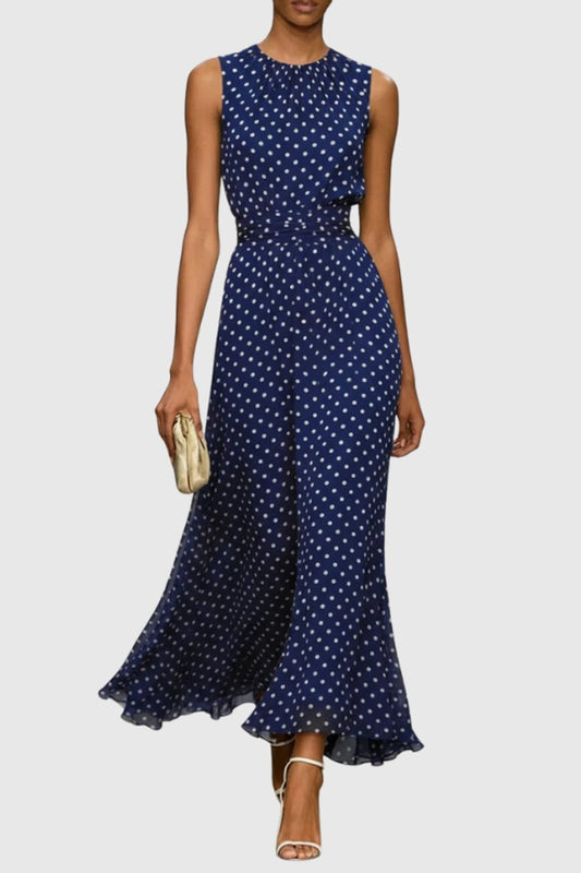 Vestido maxi acampanado sin mangas con estampado de lunares y volantes