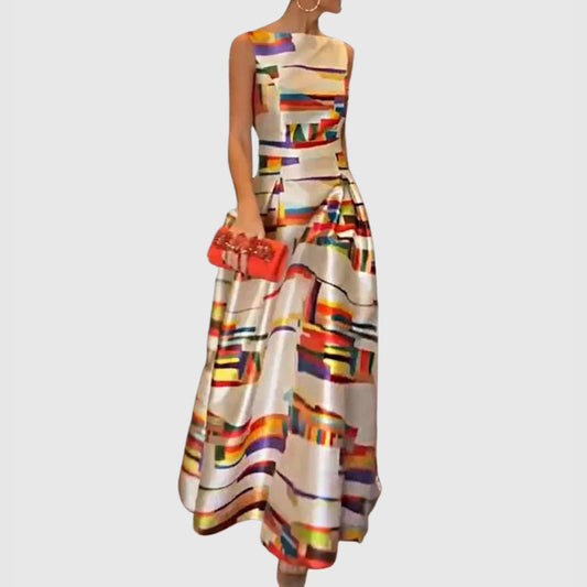 Vestido largo de fiesta sin mangas con caída satinada y estampado abstracto