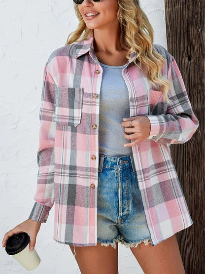 Sobrecamisa de franela a cuadros estilo cárdigan para mujer