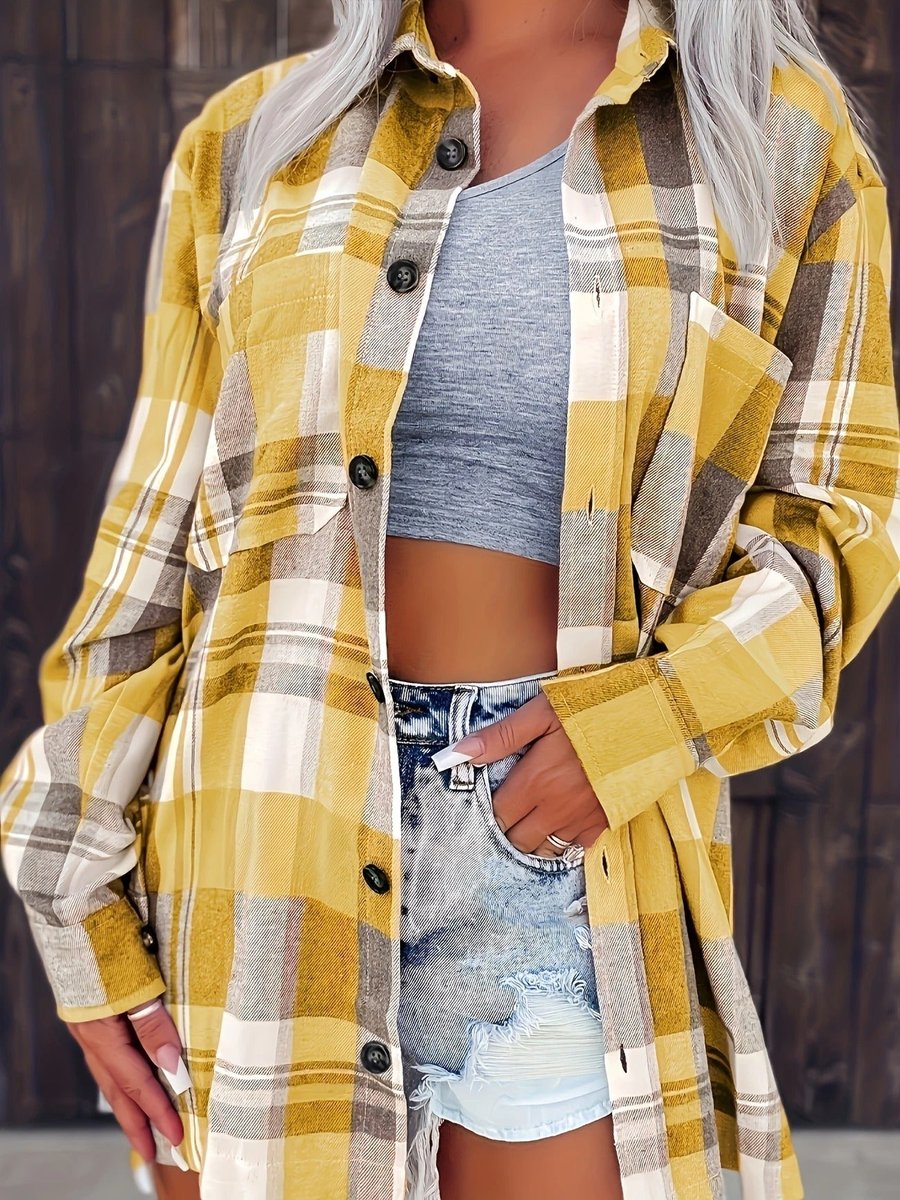 Sobrecamisa de franela a cuadros estilo cárdigan para mujer
