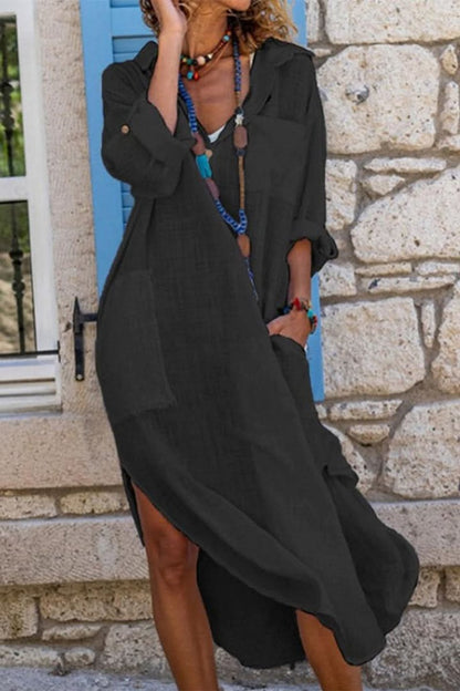 Vestido midi casual de corte amplio con efecto lino para mujer