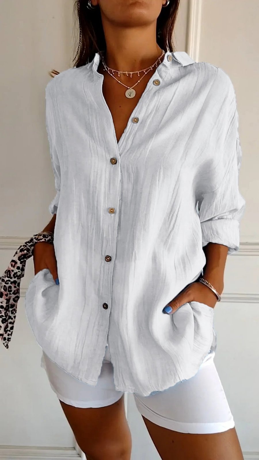 Blusa Camisera de Lino Holgada con Botonadura Frontal