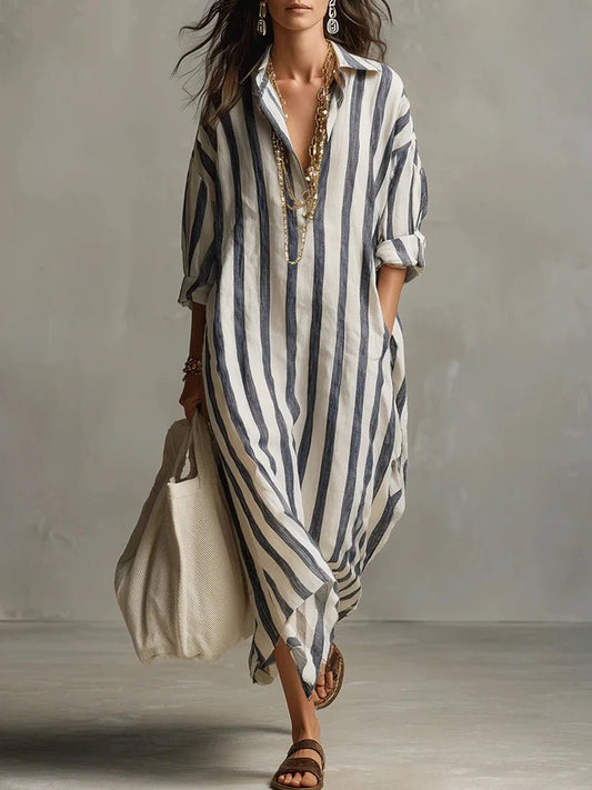 Vestido Largo Camisero de Lino a Rayas con Silueta Relajada
