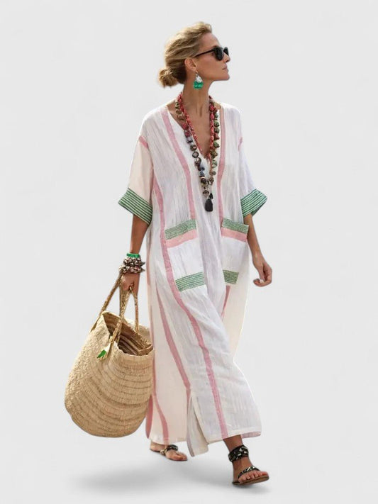 Vestido Largo Bohemio de Lino Holgado con Escote en V y Rayas