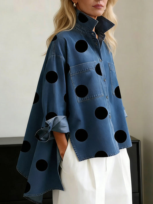 Camisa Holgada Abotonada de Manga Larga con Estampado de Lunares