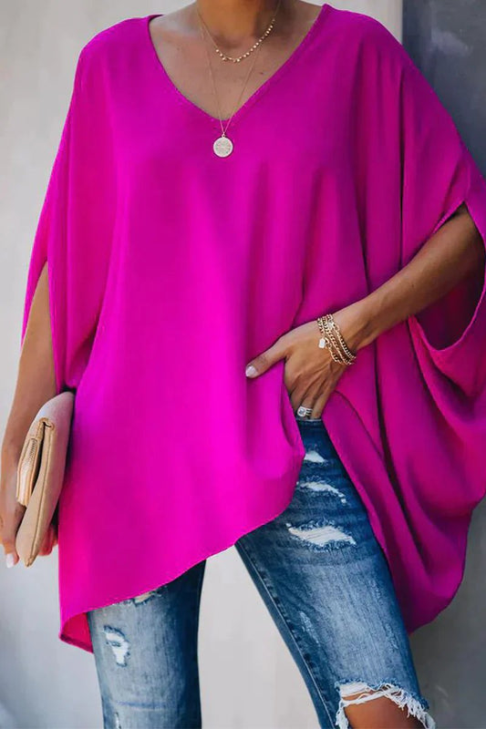 Blusa túnica holgada con escote en V y manga tipo murciélago para mujer
