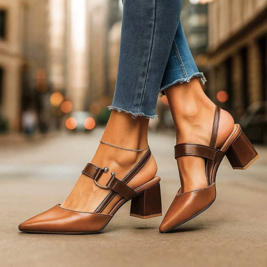 Zapatos de Tacón Ancho con Punta Puntiaguda y Correa T para Dama