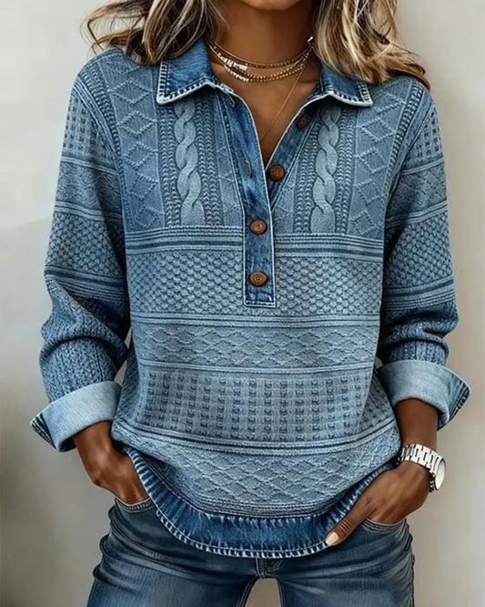 Suéter holgado de punto texturizado con cuello polo y botones para mujer