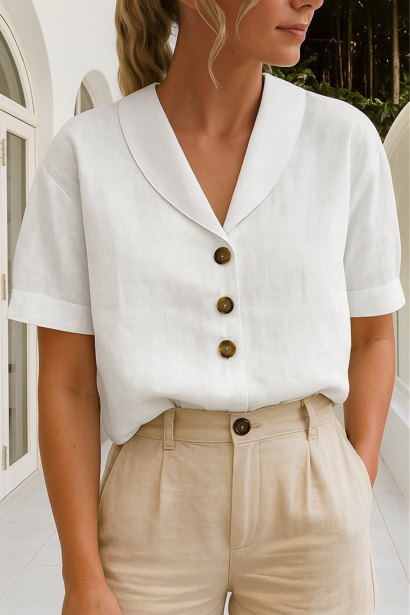 Blusa femenina de silueta relajada con cuello chal y botones frontales