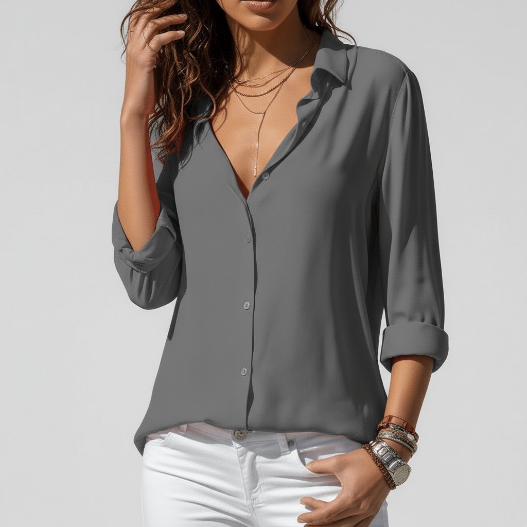 Blusa camisera holgada de manga larga con abotonadura frontal para mujer