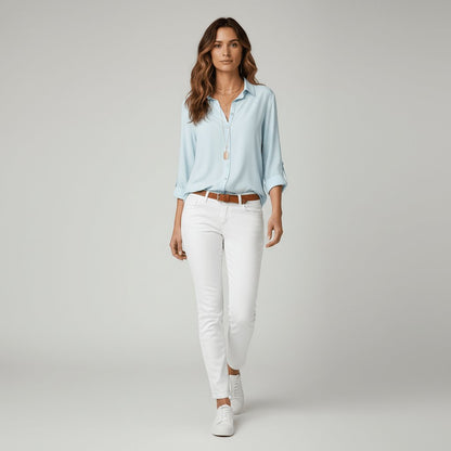 Blusa camisera holgada de manga larga con abotonadura frontal para mujer