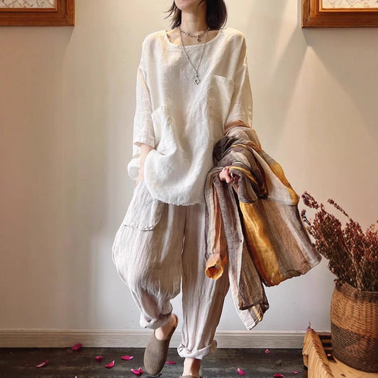Blusa tipo túnica de lino con silueta holgada y bolsillos delanteros para mujer