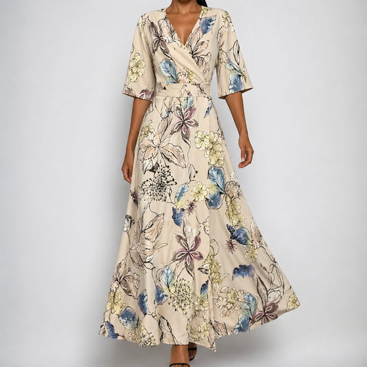 Vestido Largo Satinado Envolvente con Estampado Floral y Cinturón para Mujer