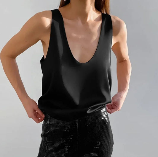 Blusa sin mangas de satén con cuello redondo y corte holgado para mujer
