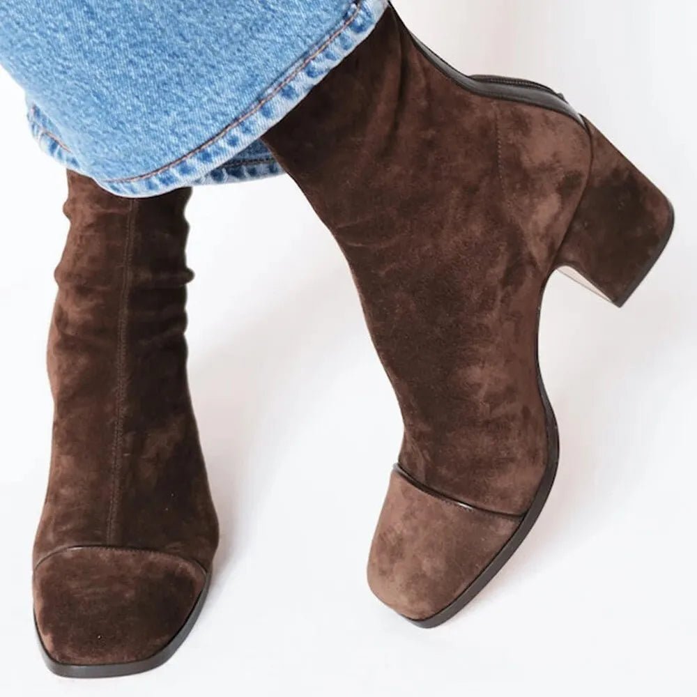Botas de Caña Alta en Gamuza con Tacón Ancho y Puntera Cuadrada para Mujer
