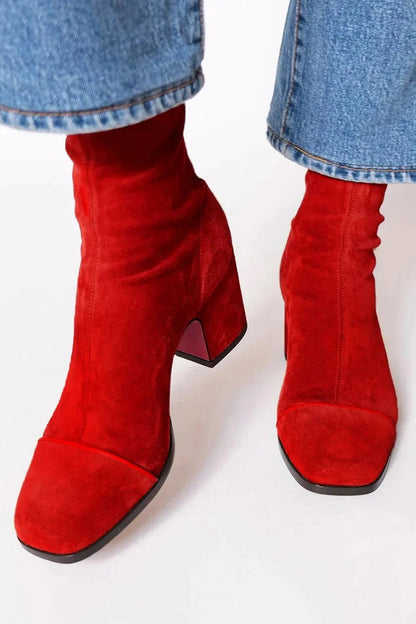 Botas de Caña Alta en Gamuza con Tacón Ancho y Puntera Cuadrada para Mujer
