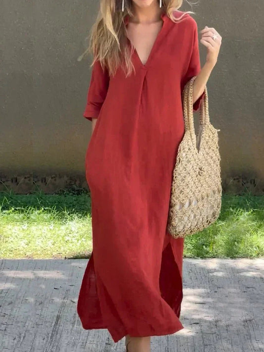 Vestido largo fresco de algodón y lino con escote en V y manga tres cuartos