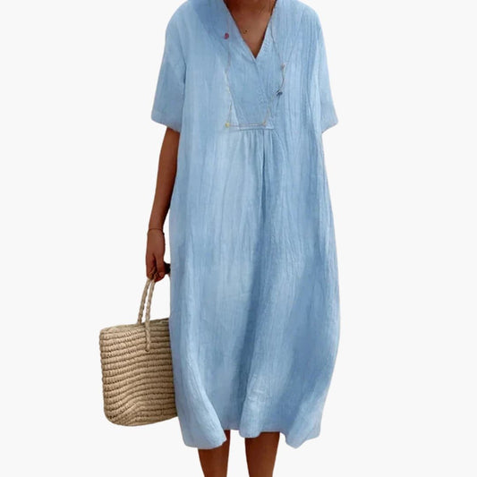 Vestido Midi Casual de Lino Suelto con Escote en V para Mujer