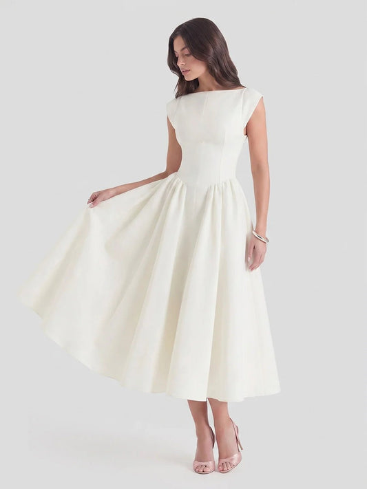 Vestido Midi Acampanado de Satén con Escote Barco para Mujer