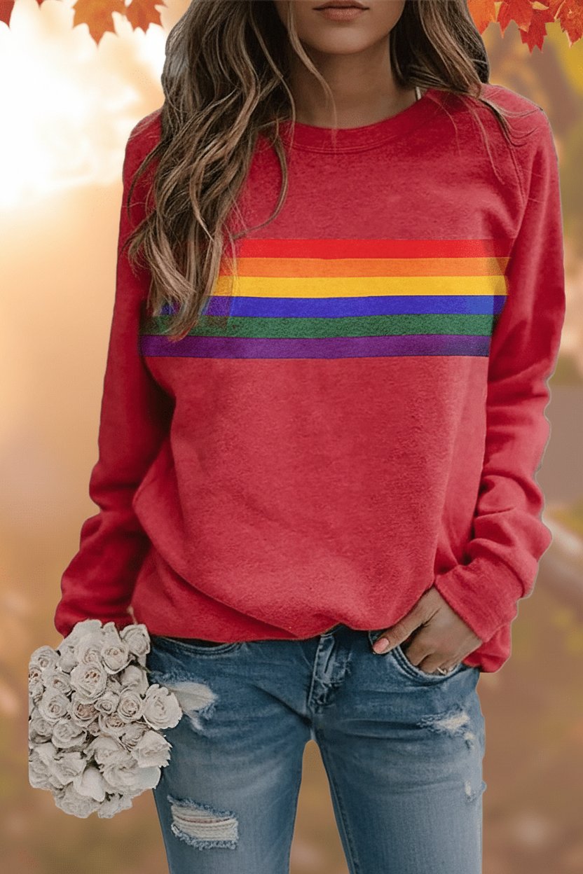 Sudadera holgada de cuello redondo con franjas estilo retro para mujer