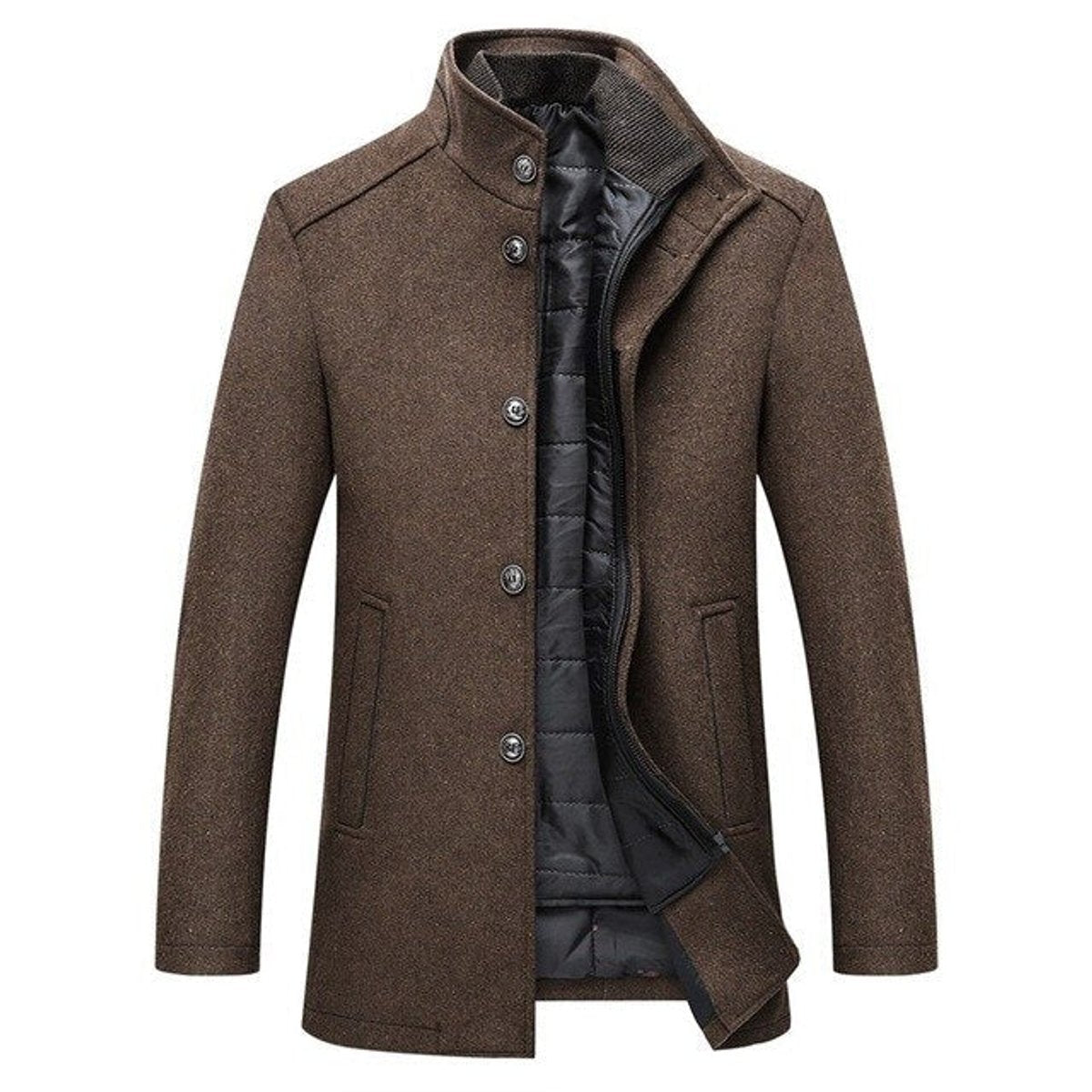 Chaqueta larga de invierno para hombre en mezcla de lana con cuello alto y forro acolchado