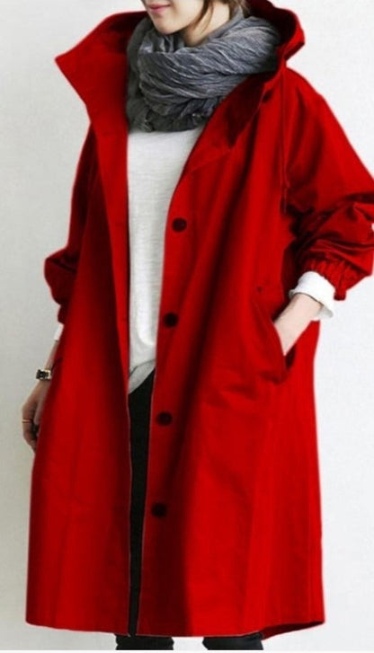 Chaqueta Larga Casual para Mujer con Capucha y Botonadura Frontal