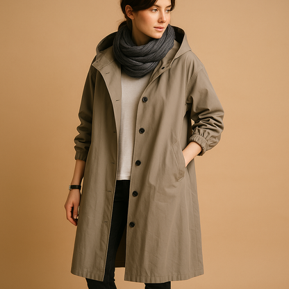 Chaqueta Larga Casual con Capucha y Botonadura Frontal para Mujer