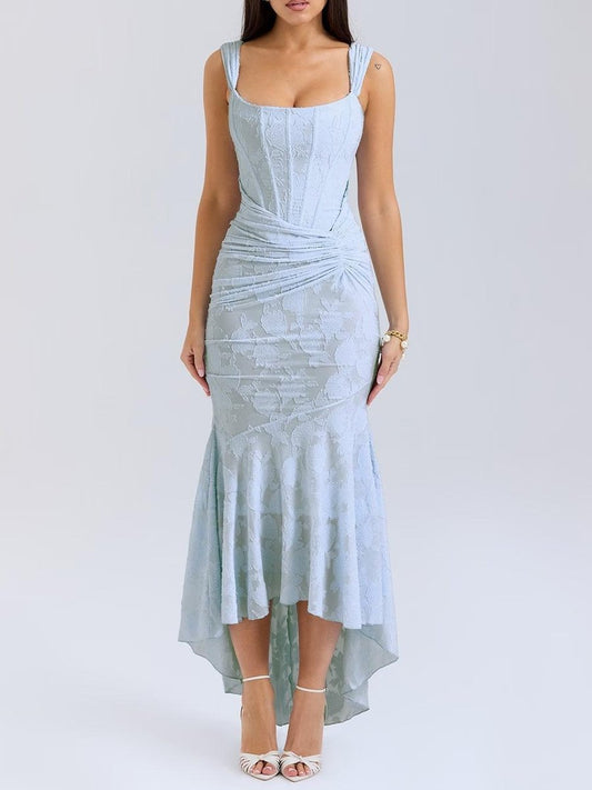 Vestido formal de fiesta corte sirena con corpiño tipo corsé en jacquard y encaje