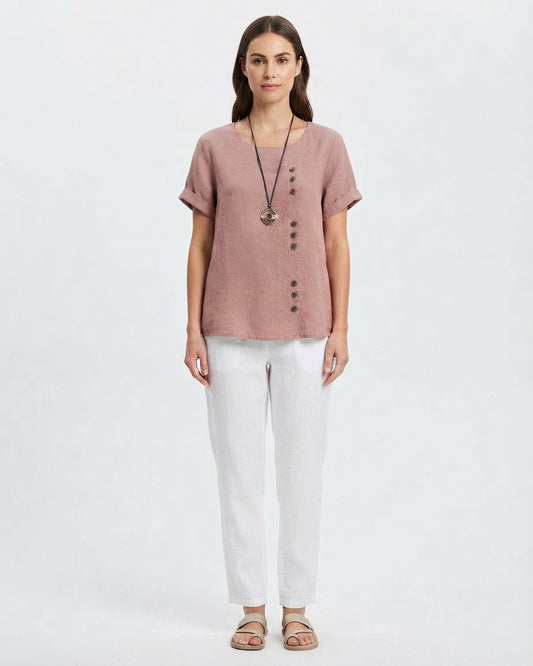 Blusa Holgada de Lino con Botones Frontales para Mujer