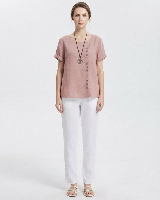 Blusa fresca de corte fluido con botones laterales para mujer