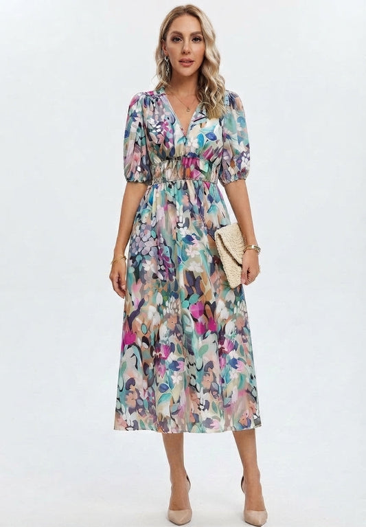 Vestido Midi Elegante con Escote en V y Estampado Floral para Mujer