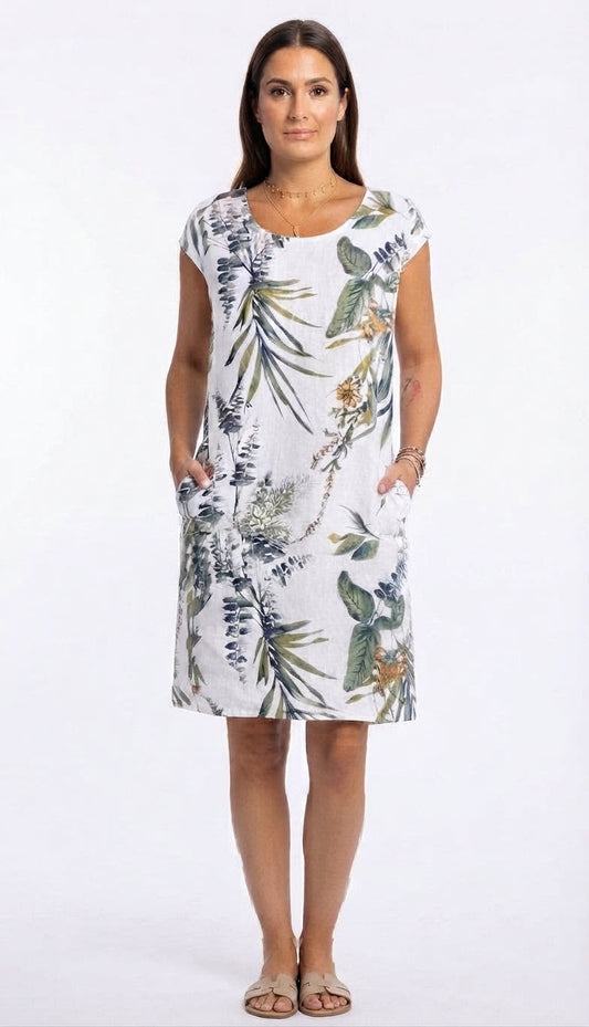 Vestido Fresco de Manga Corta con Estampado Botánico para Mujer