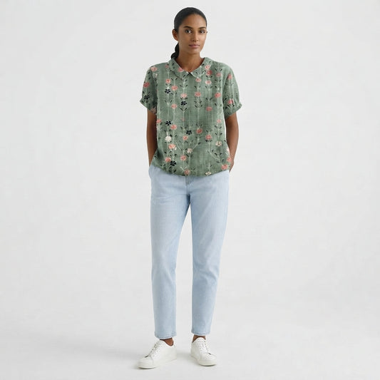 Blusa Holgada de Manga Corta con Cuello y Estampado Floral para Mujer