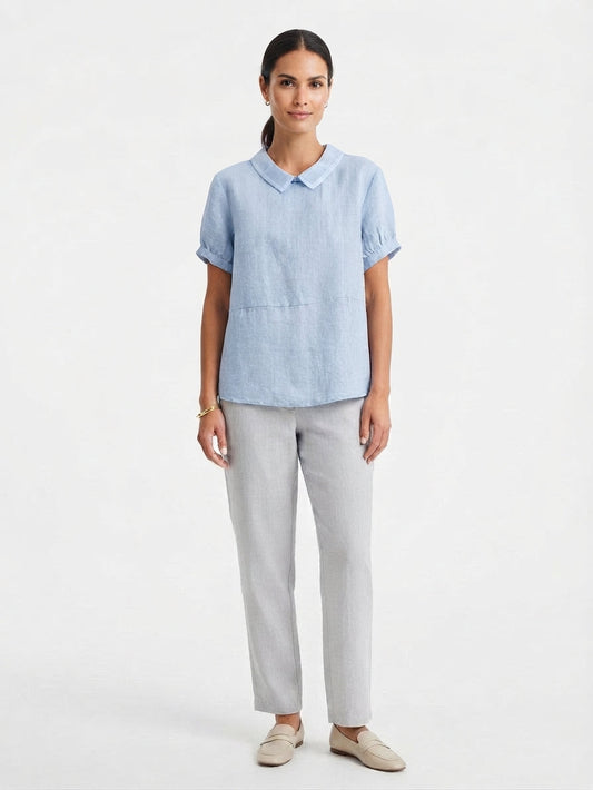 Blusa de Lino de Corte Holgado con Cuello Redondeado