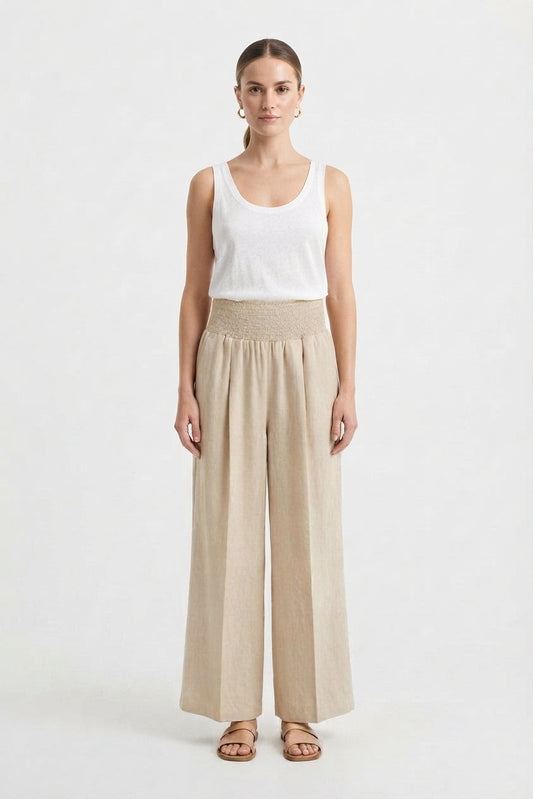 Pantalón Palazzo de Pierna Ancha y Pretina Alta con Plisado