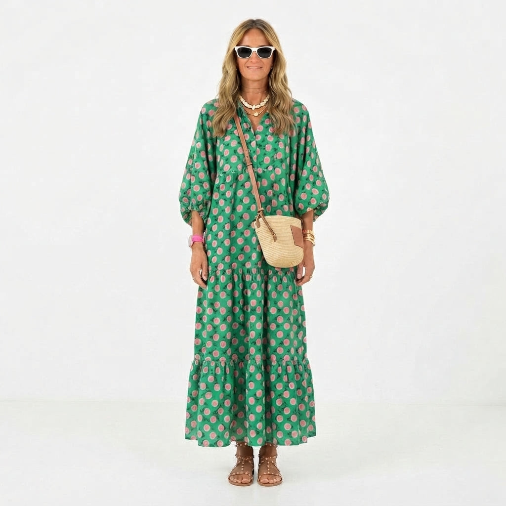 Vestido Largo Estampado con Escote en V y Caída Ligera