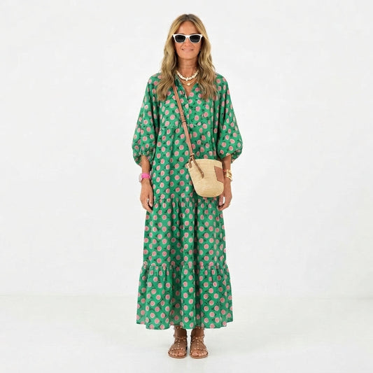 Vestido Largo Estampado con Escote en V y Caída Ligera