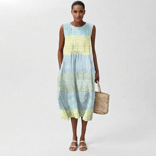 Vestido midi de lino con silueta en capas y diseño a cuadros para mujer