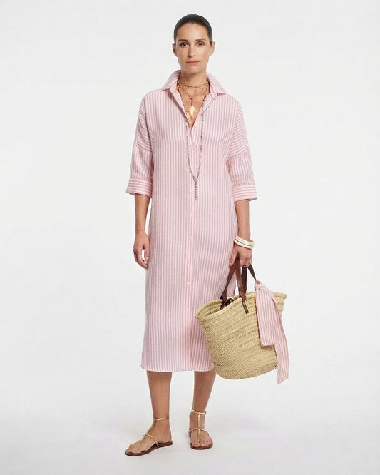 Vestido Camisero Corte Midi a Rayas con Abotonadura Delantera