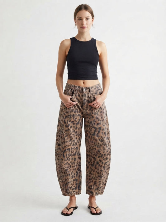 Pantalón Denim Holgado con Diseño de Leopardo para Mujer