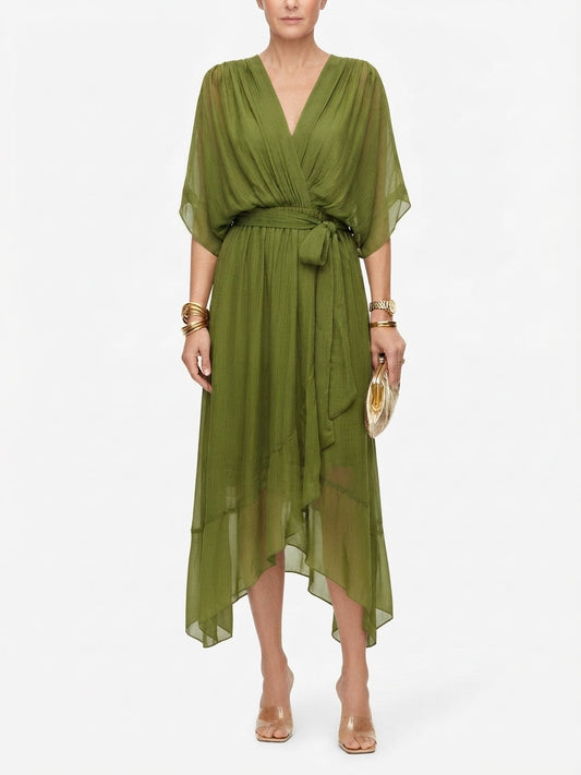 Vestido midi femenino con mangas mariposa y cinto para anudar