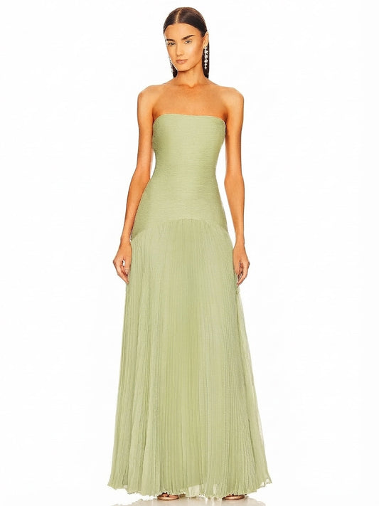 Vestido Largo Sin Tirantes con Falda Plisada para Eventos y Fiestas
