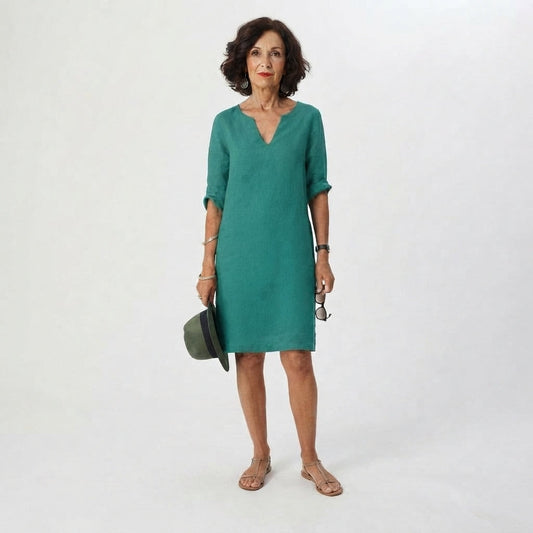 Vestido Femenino a la Rodilla con Escote en V y Tono Uniforme