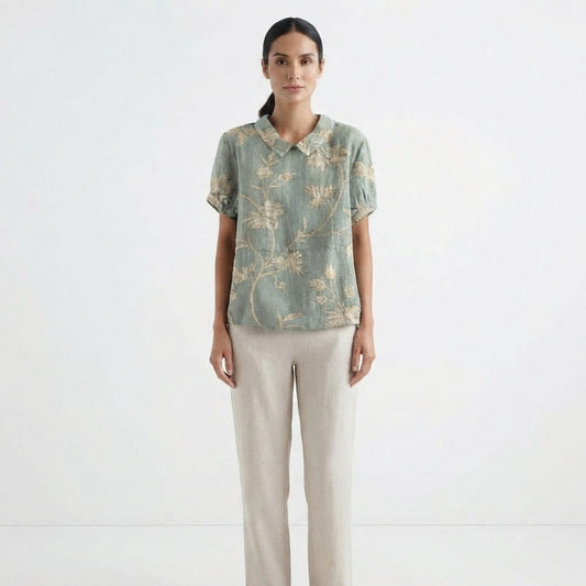 Top Femenino Holgado con Cuello y Estampado de Flores