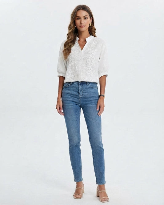 Blusa Casual de Escote en V con Detalles Bordados para Mujer