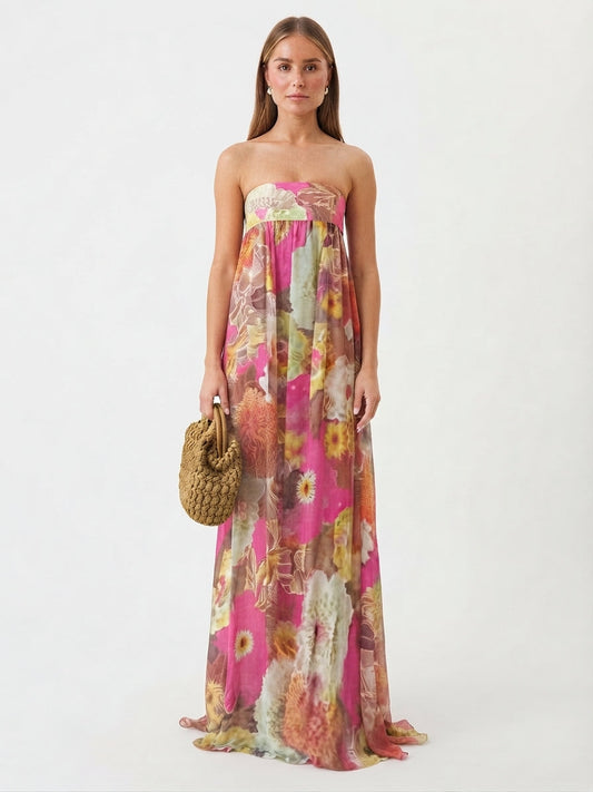Vestido Maxi Strapless con Estampado Floral para Fiestas y Eventos
