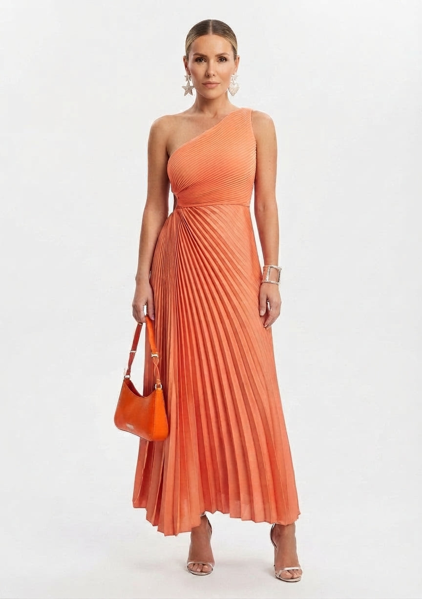 Vestido largo asimétrico con falda plisada para eventos de mujer